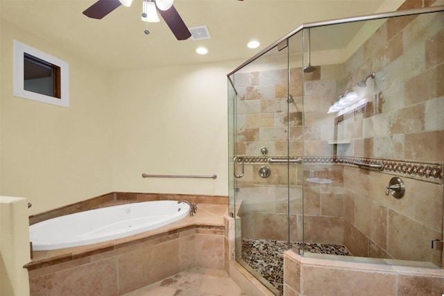 full bathroom featuring a stall shower, a garden tub, visible vents, and recessed lighting