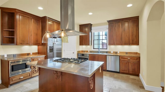 kitchen featuring island exhaust hood, stainless steel appliances, recessed lighting, stone tile flooring, and a sink