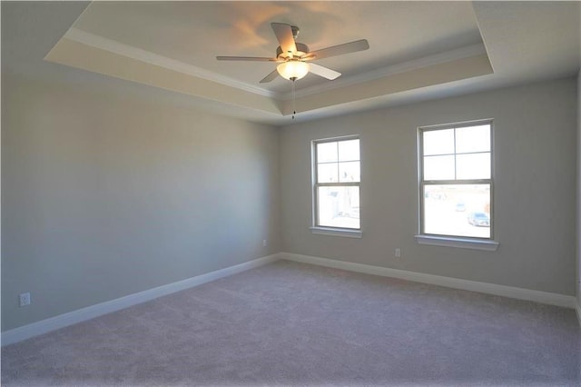 spare room featuring light carpet, baseboards, a raised ceiling, and crown molding