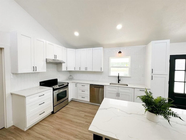 kitchen featuring light stone counters, under cabinet range hood, stainless steel appliances, a sink, and decorative backsplash