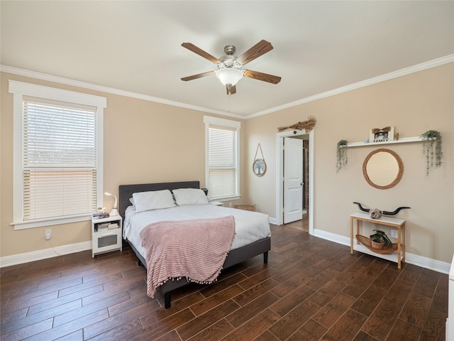 bedroom with dark wood-type flooring, multiple windows, and baseboards