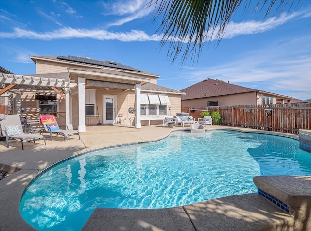 view of pool featuring a patio, fence, a fenced in pool, and a pergola