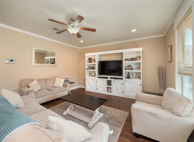 living room with ceiling fan, recessed lighting, baseboards, ornamental molding, and dark wood finished floors