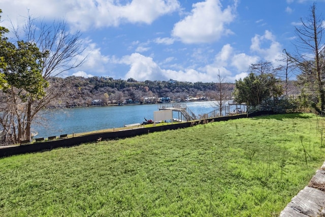 view of dock featuring a water view and a lawn