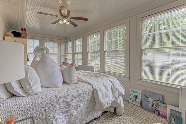 bedroom featuring ceiling fan and multiple windows