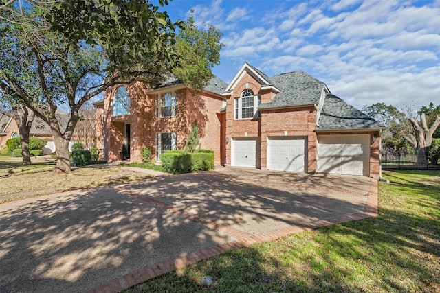 view of front of property featuring brick siding, a shingled roof, concrete driveway, a front yard, and a garage