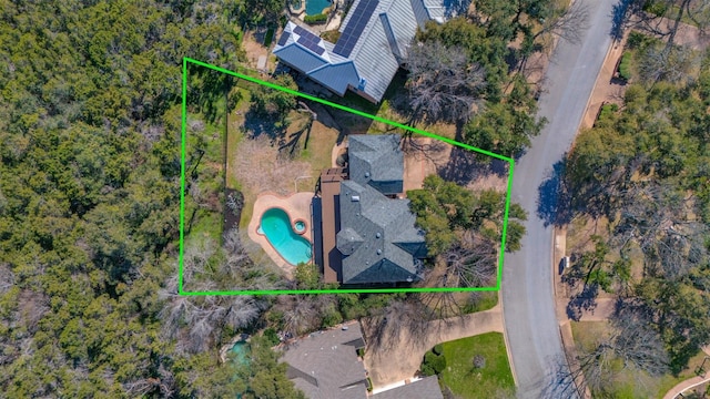 9288 Scenic Bluff Dr, Austin, TX 78733 - aerial view of property and surrounding area with a pool area and property boundaries highlighted