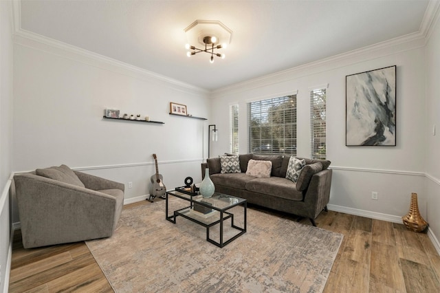 9288 Scenic Bluff Dr, Austin, TX 78733 - living room with crown molding, wood finished floors, baseboards, and a chandelier