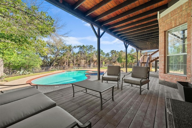 9288 Scenic Bluff Dr, Austin, TX 78733 - wooden terrace with a fenced backyard and a pool with connected hot tub