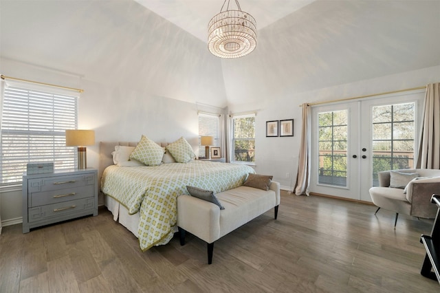 9288 Scenic Bluff Dr, Austin, TX 78733 - bedroom with access to exterior, wood finished floors, baseboards, french doors, and high vaulted ceiling
