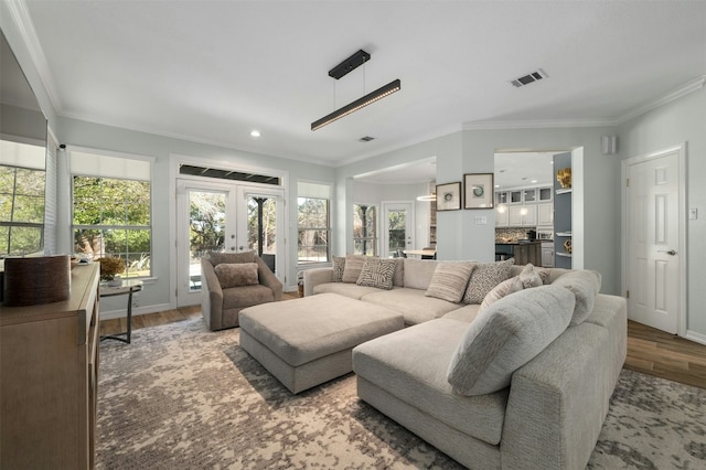9288 Scenic Bluff Dr, Austin, TX 78733 - living room with wood finished floors, ornamental molding, french doors, and recessed lighting