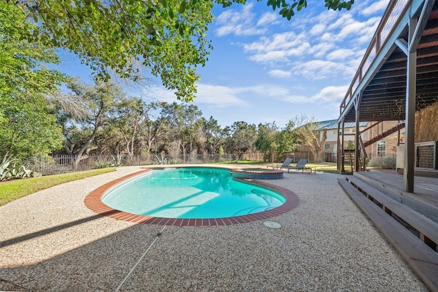 9288 Scenic Bluff Dr, Austin, TX 78733 - view of pool featuring a fenced backyard, stairway, a patio area, and a pool with connected hot tub
