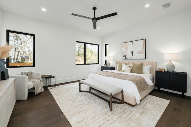 bedroom with recessed lighting, visible vents, baseboards, and hardwood / wood-style flooring