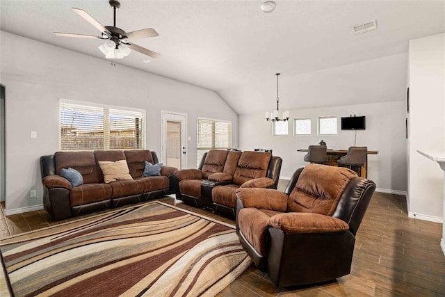 903 Mclaury Cv, Killeen, TX 76542 - living room with dark wood-style flooring, vaulted ceiling, a chandelier, and ceiling fan