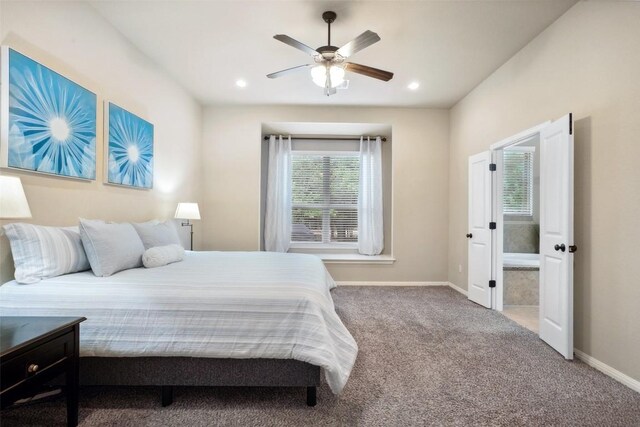 bedroom featuring baseboards, a ceiling fan, carpet flooring, and recessed lighting