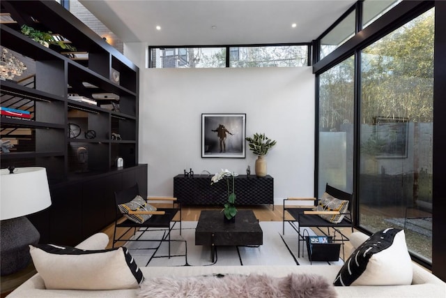 living room featuring expansive windows and wood finished floors