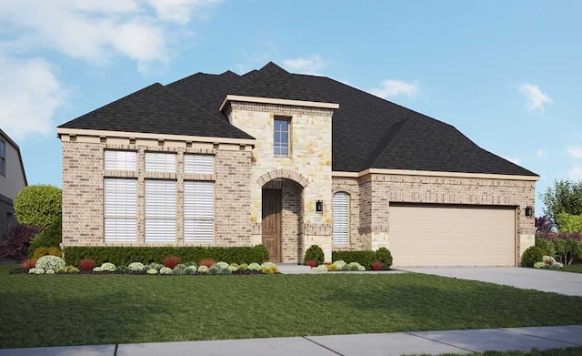 french country home featuring an attached garage, brick siding, concrete driveway, roof with shingles, and a front yard