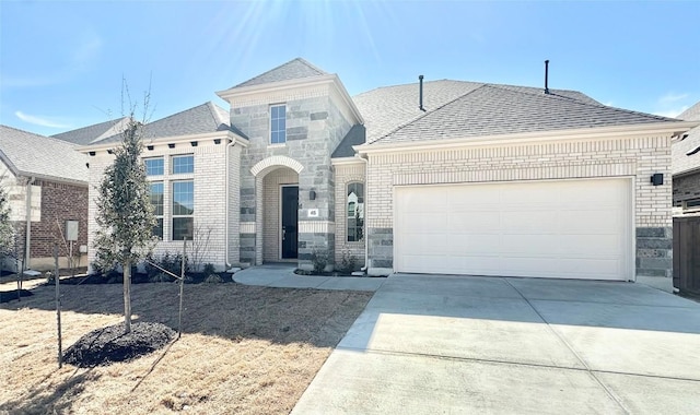 french country style house featuring driveway, stone siding, roof with shingles, an attached garage, and brick siding