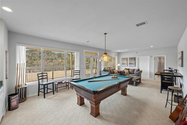 recreation room with plenty of natural light, carpet, billiards, and visible vents