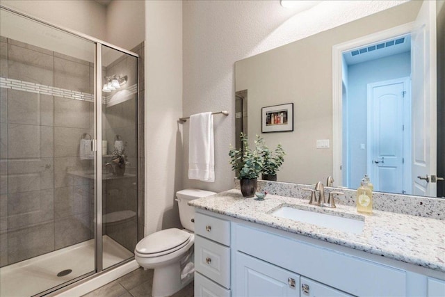 full bathroom with tile patterned flooring, toilet, visible vents, vanity, and a stall shower