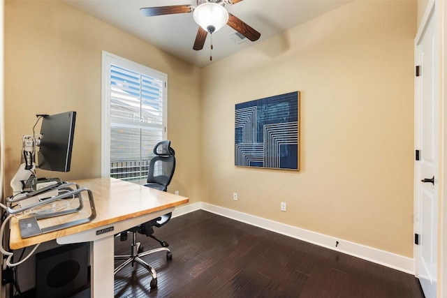 office area featuring dark wood-style flooring, visible vents, ceiling fan, and baseboards