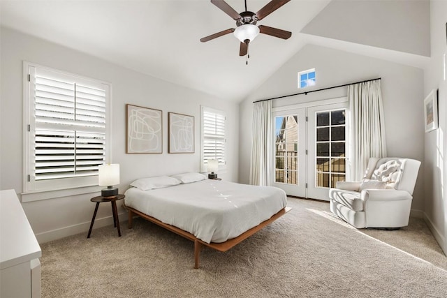 bedroom featuring access to outside, baseboards, vaulted ceiling, and carpet flooring