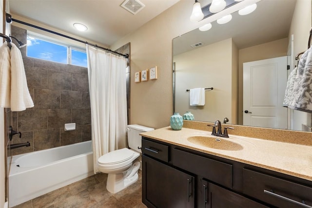 full bath with shower / bathtub combination with curtain, visible vents, vanity, and toilet