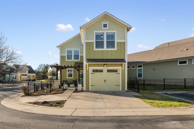 12304 Barras Branch Dr, Austin, TX 78748 - view of front facade with fence, board and batten siding, driveway, and an attached garage