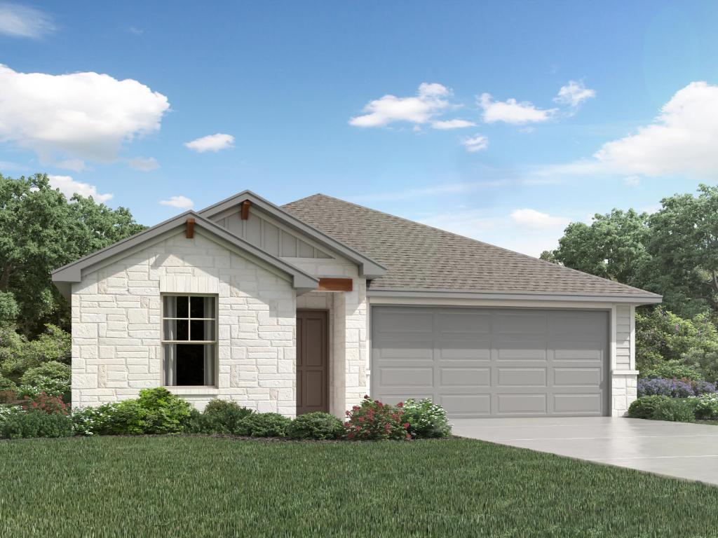 ranch-style home with roof with shingles, concrete driveway, a front yard, a garage, and stone siding