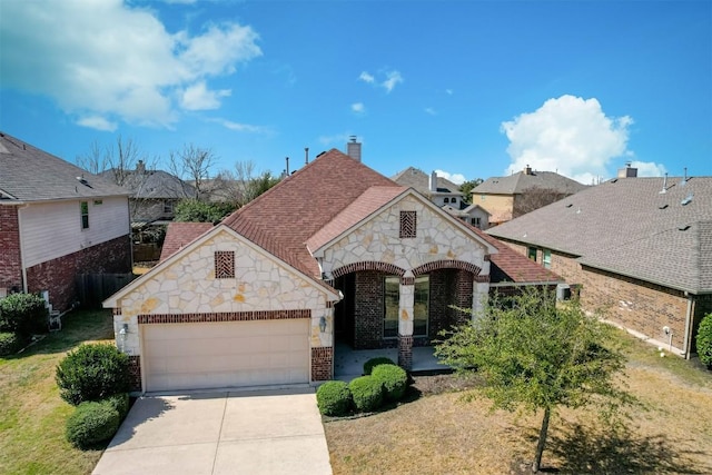 french provincial home with driveway, roof with shingles, an attached garage, french doors, and brick siding