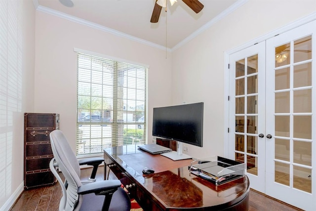 office with french doors, ornamental molding, a ceiling fan, wood finished floors, and baseboards