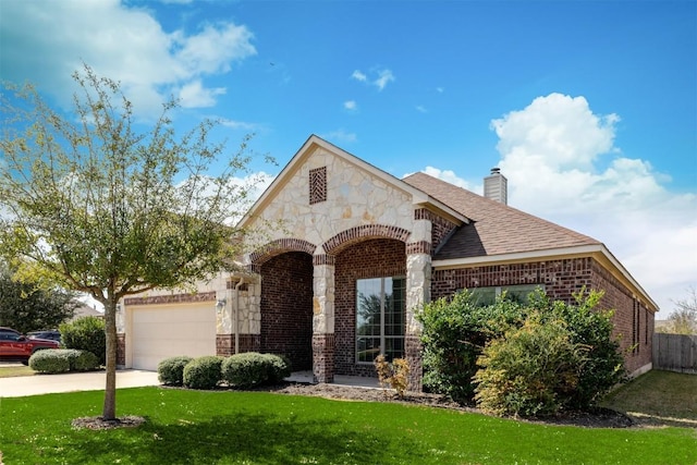 french country style house featuring brick siding, a garage, stone siding, driveway, and a front lawn