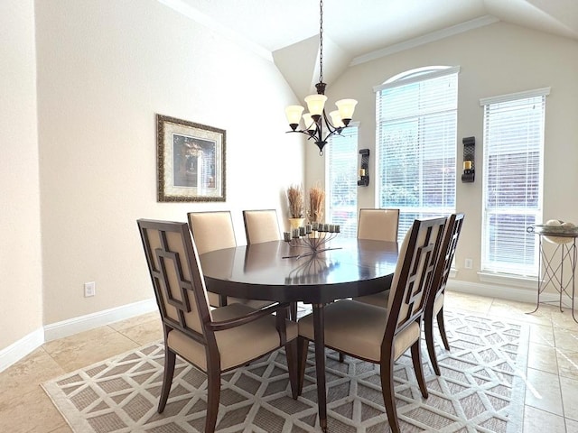 dining space featuring a chandelier, lofted ceiling, light tile patterned flooring, and baseboards