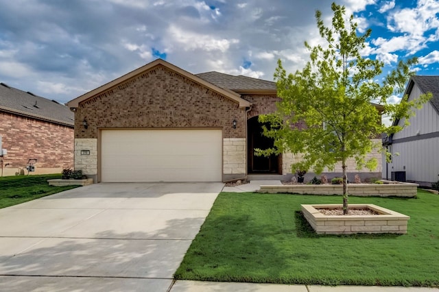 ranch-style house with brick siding, a shingled roof, concrete driveway, a garage, and a front lawn