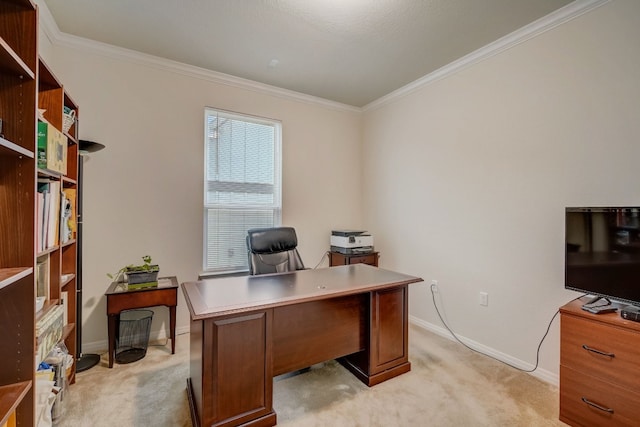 office space featuring baseboards, crown molding, and light colored carpet