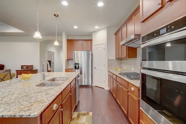 kitchen with dark wood-style floors, backsplash, appliances with stainless steel finishes, a sink, and under cabinet range hood