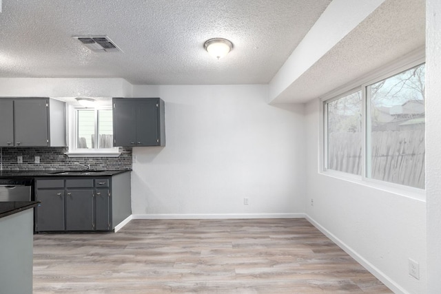 kitchen with a sink, visible vents, light wood-type flooring, decorative backsplash, and dark countertops