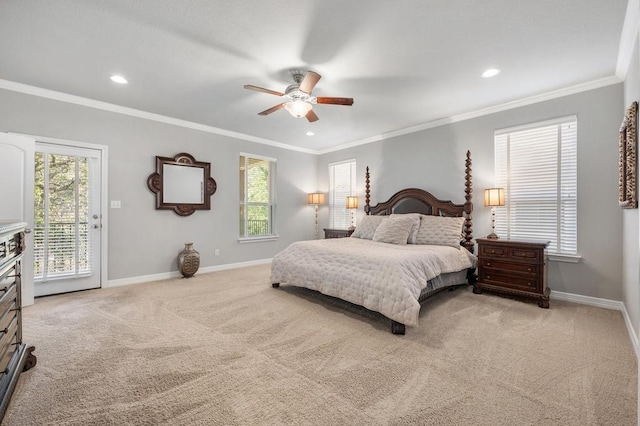 bedroom with ornamental molding, recessed lighting, carpet flooring, and baseboards