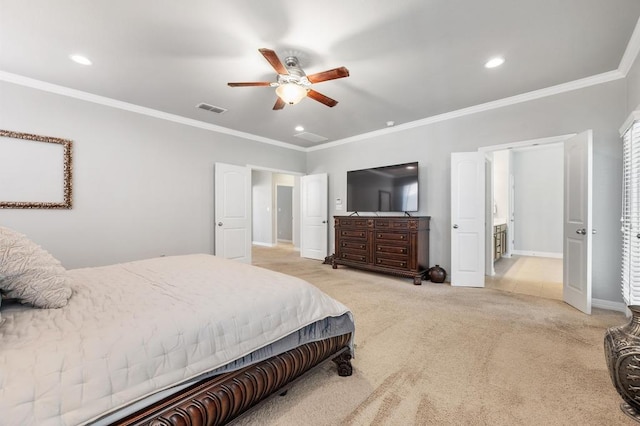 bedroom with crown molding, recessed lighting, visible vents, and light colored carpet