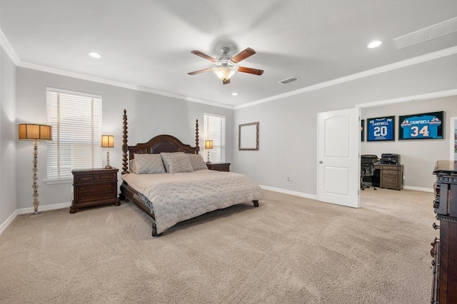 carpeted bedroom featuring crown molding, recessed lighting, a ceiling fan, and baseboards