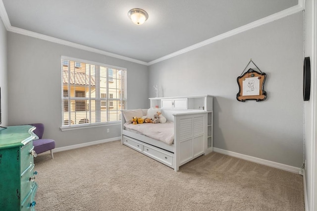 bedroom featuring light carpet, crown molding, and baseboards