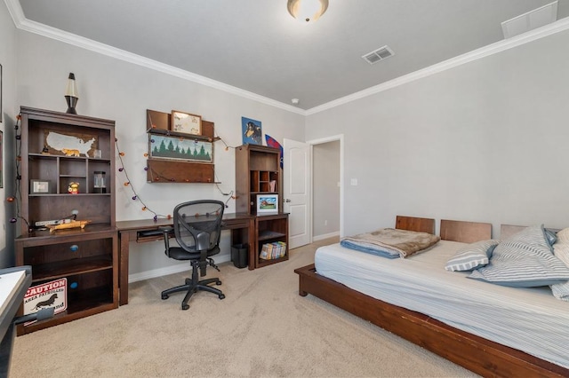 bedroom with crown molding, carpet flooring, visible vents, and baseboards