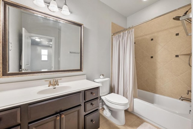 bathroom with shower / tub combo, vanity, toilet, and tile patterned floors