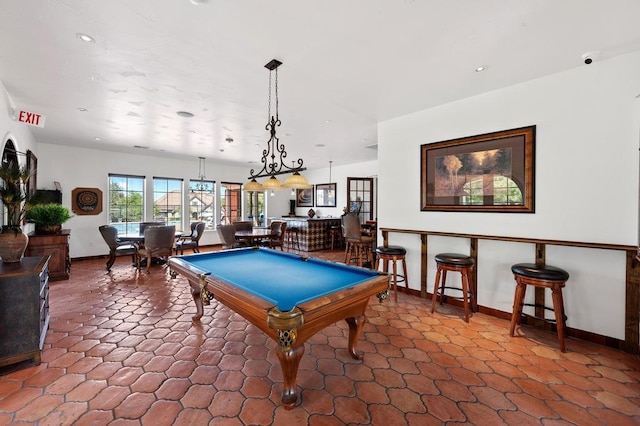 rec room with recessed lighting, billiards, and baseboards