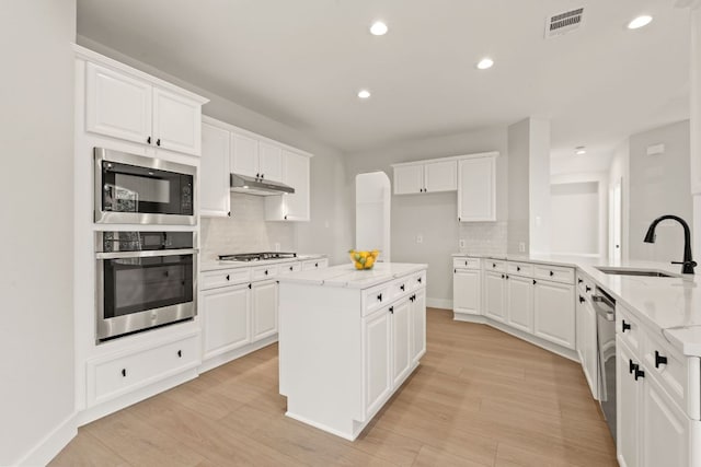 kitchen featuring visible vents, light wood-style flooring, appliances with stainless steel finishes, under cabinet range hood, and a sink