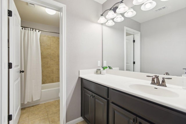 bathroom featuring tile patterned flooring, visible vents, vanity, and shower / bathtub combination with curtain