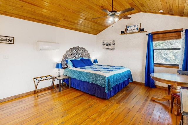 961 Buttercup Ln, Wimberley, TX 78676 - bedroom featuring vaulted ceiling, wood-type flooring, baseboards, wooden ceiling, and a wall unit AC