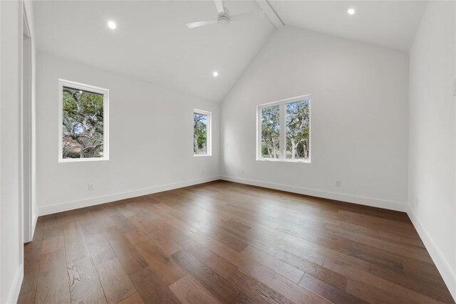 12120 Fitzhugh Pl, Dripping Springs, TX 78620 - unfurnished room featuring high vaulted ceiling, a ceiling fan, hardwood / wood-style floors, baseboards, and recessed lighting