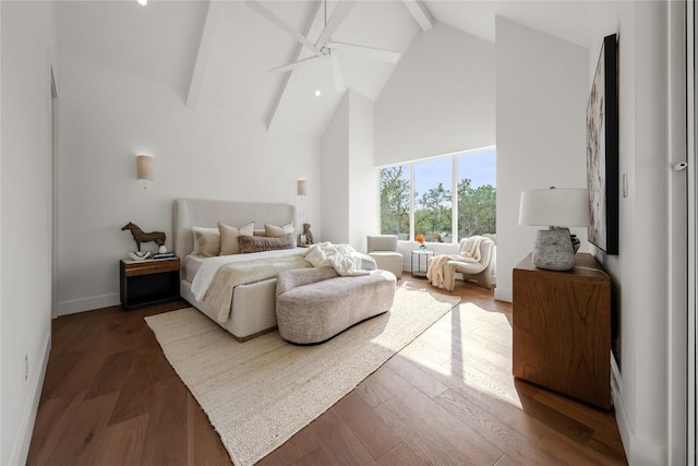 12120 Fitzhugh Pl, Dripping Springs, TX 78620 - bedroom featuring high vaulted ceiling, baseboards, beam ceiling, and wood finished floors