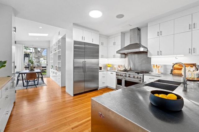 kitchen with a sink, high quality appliances, white cabinets, light wood-style floors, and wall chimney exhaust hood